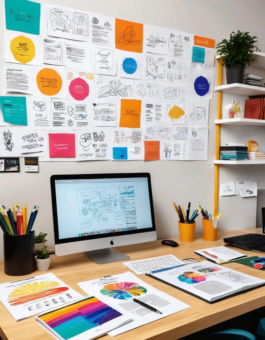 A creative workspace featuring a designer sketching logos, surrounded by color palettes and brand strategy notes. Incorporate a digital screen displaying a vibrant logo evolution process, along with inspiration boards showcasing successful brand identities. The atmosphere should feel dynamic and innovative, reflecting the journey of brand development. super-realistic. bright colors. 3D.