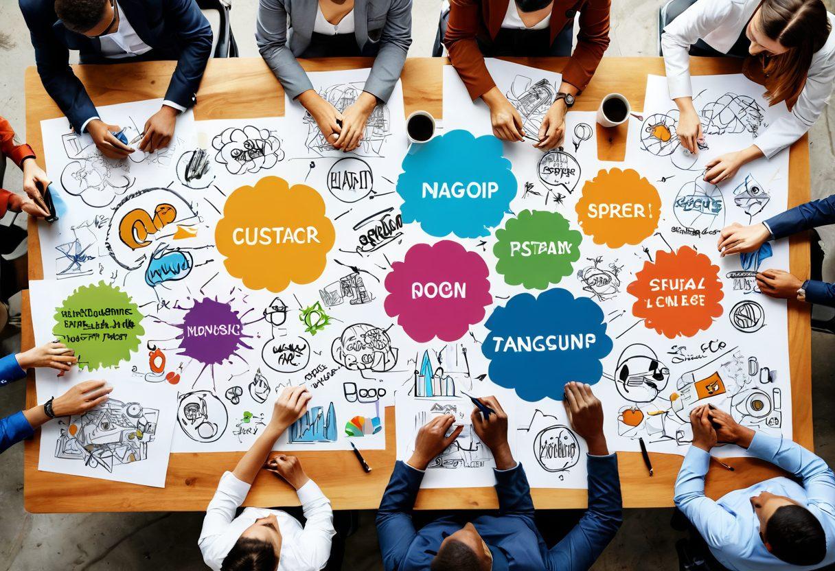 A dynamic representation of a diverse group of professionals brainstorming over custom logo designs, showcasing various logos and sketches on a large table. Vibrant colors radiate from the logos, symbolizing creativity and impact on corporate identity. Include elements like color palettes, digital design tools, and a modern office setting to convey professionalism. super-realistic. vibrant colors. open space.